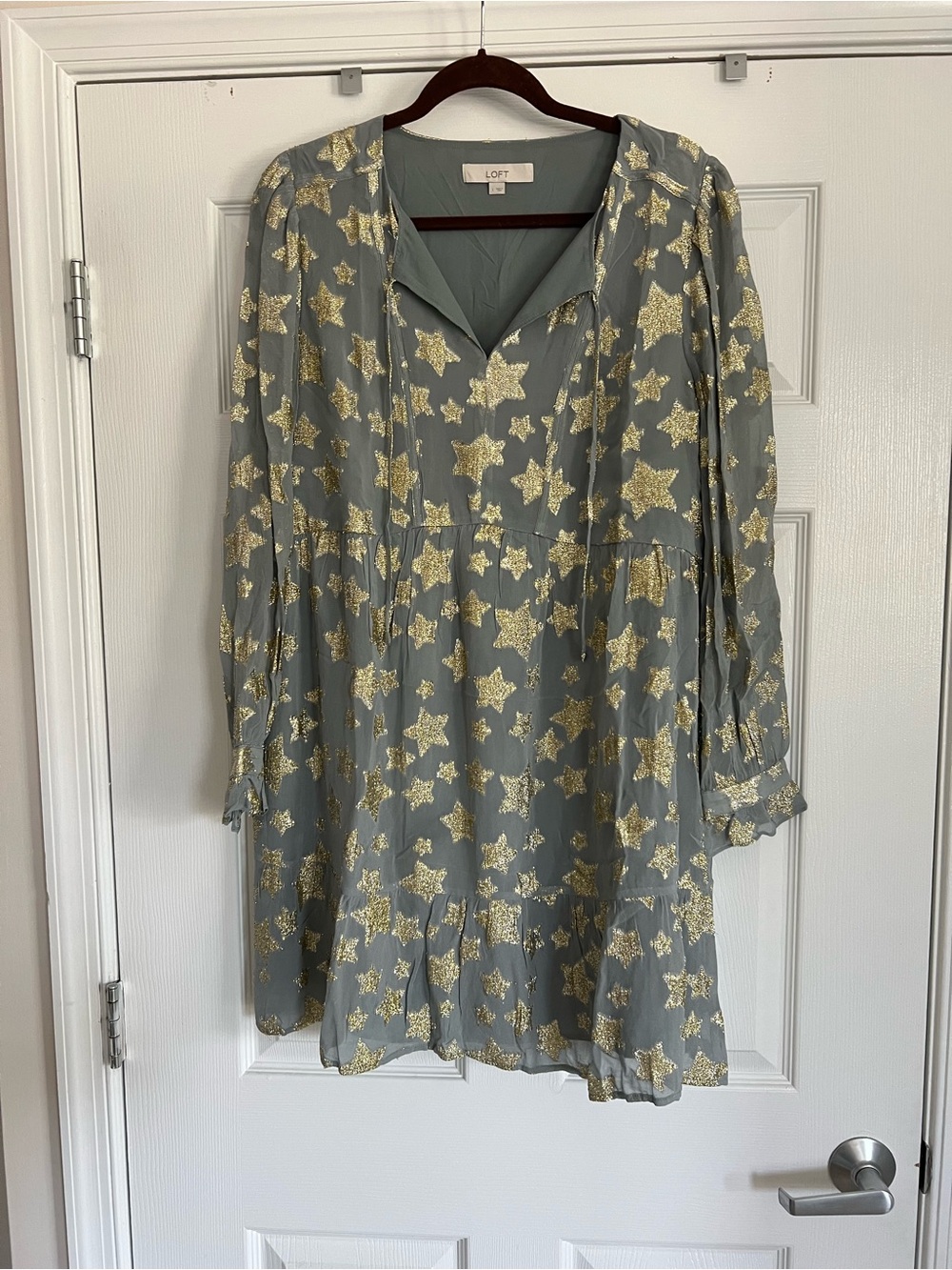 LOFT Gray Long Sleeve Dress with Gold Star Print